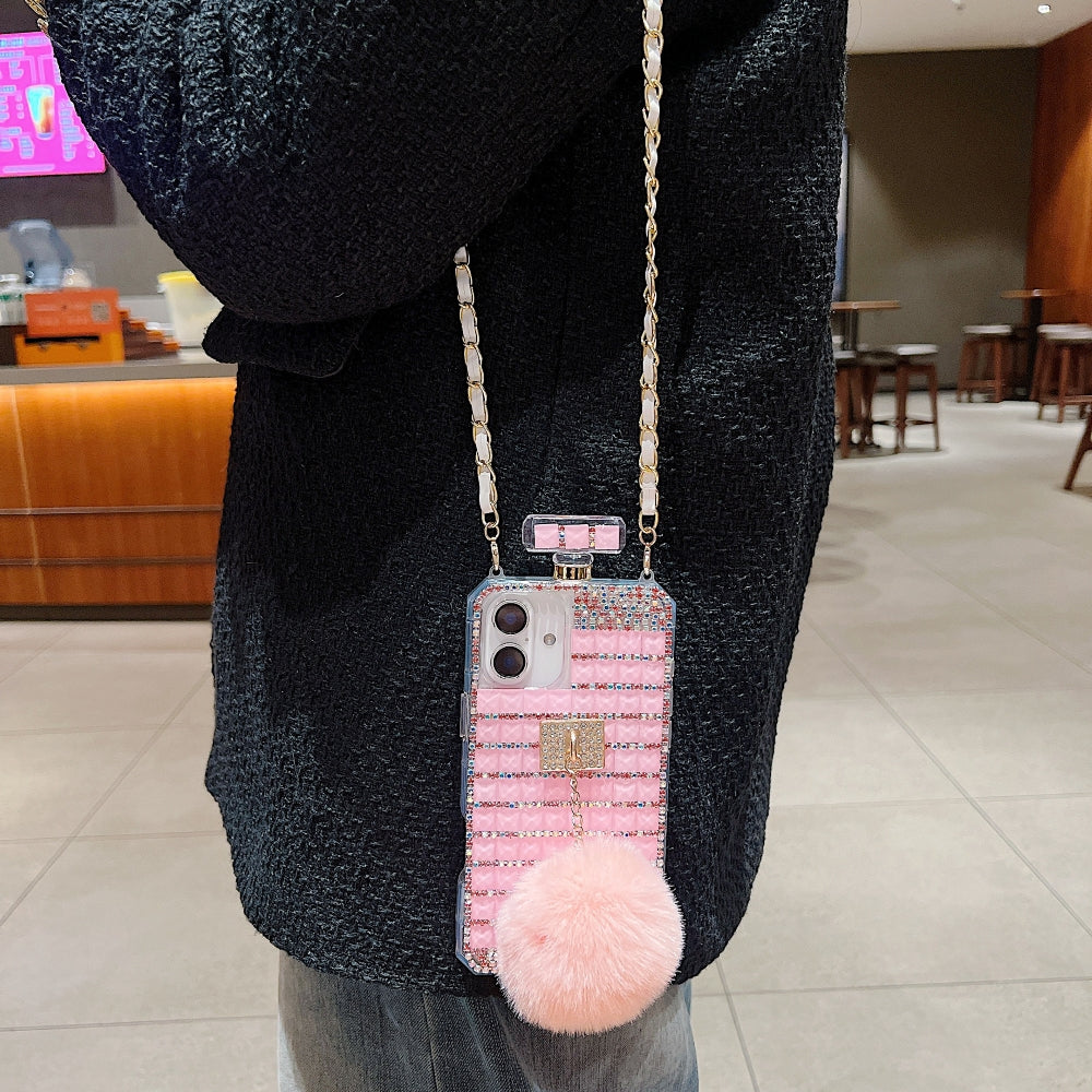 Rehinestone Perfume Bottle Phone Case with Pom Pom Charm and Sling