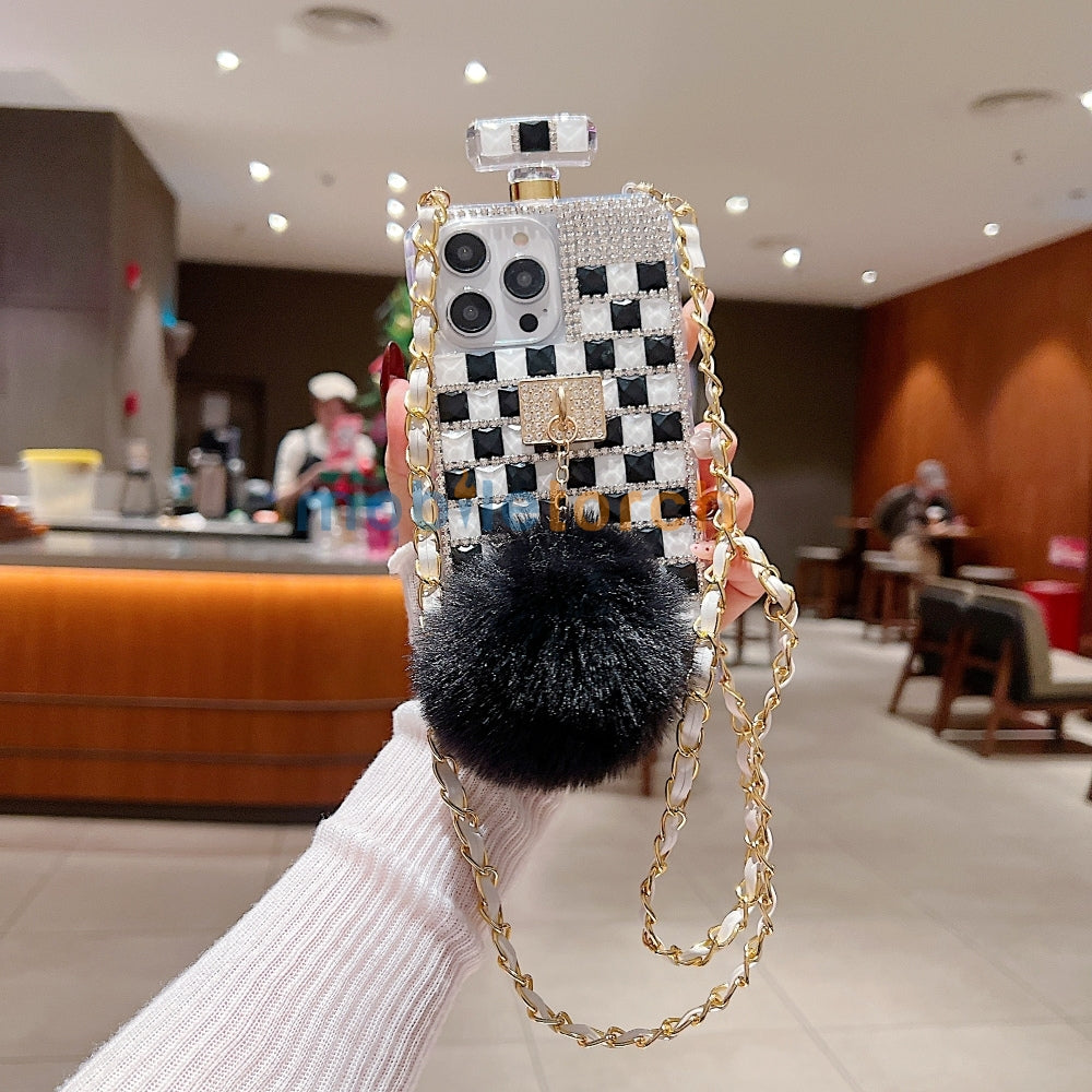 Rehinestone Perfume Bottle Phone Case with Pom Pom Charm and Sling