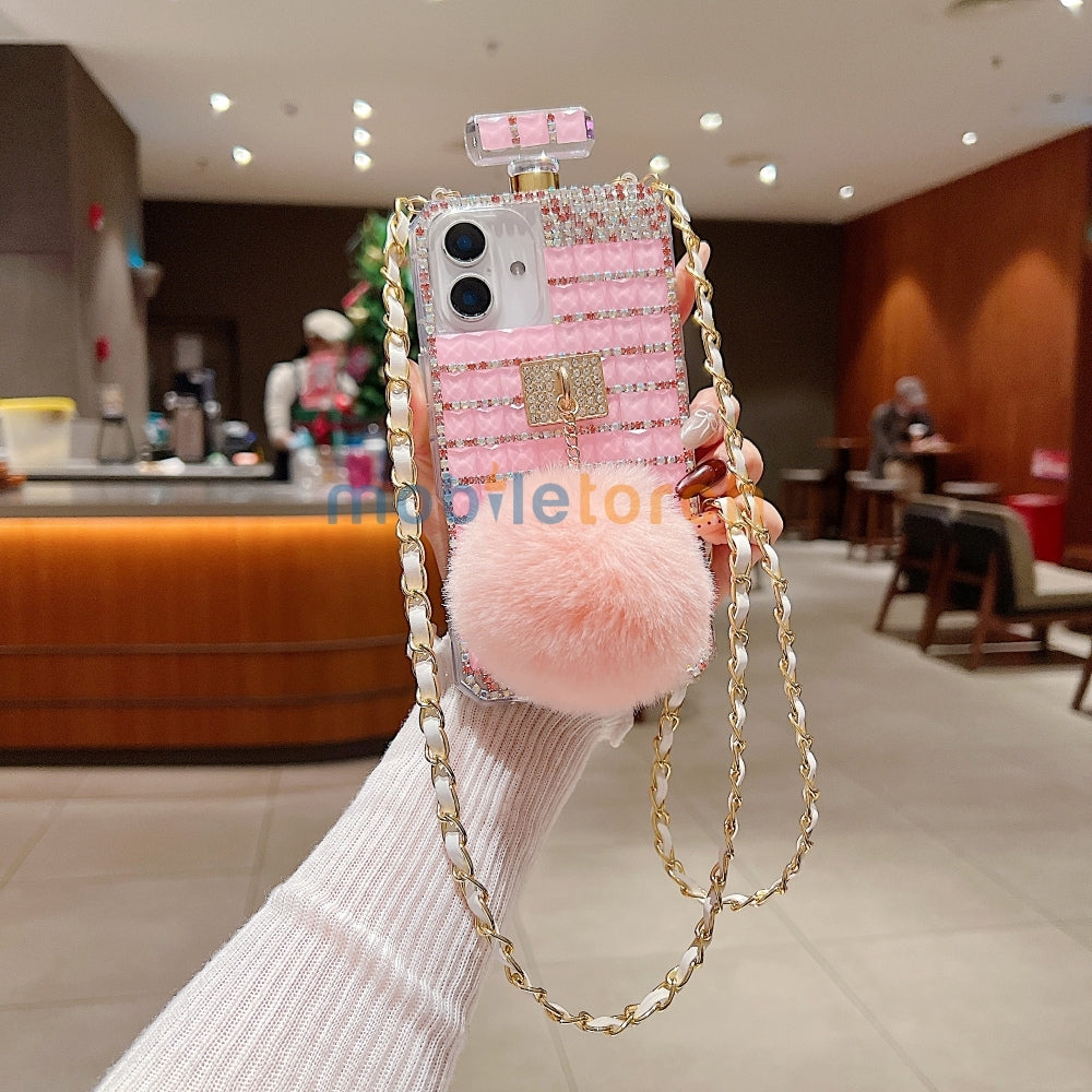 Rehinestone Perfume Bottle Phone Case with Pom Pom Charm and Sling