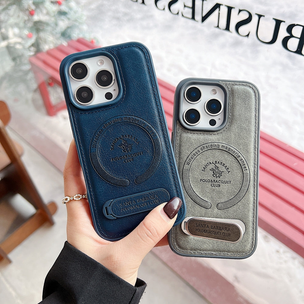 Wireless Charging PU Leather Rugged Kickstand Phone Case