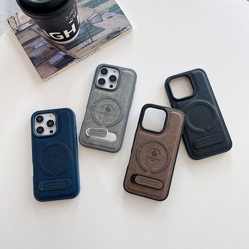 Wireless Charging PU Leather Rugged Kickstand Phone Case