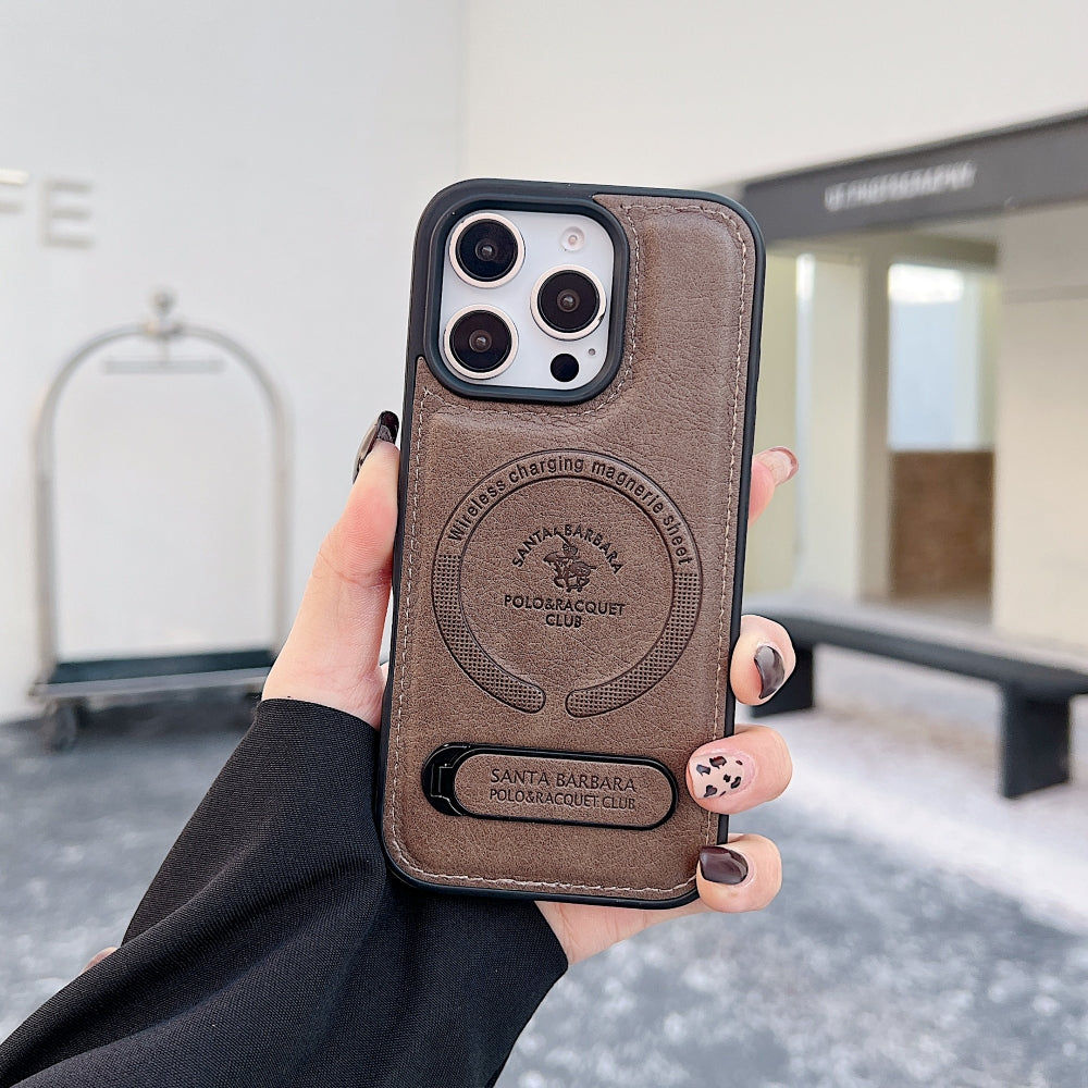 Wireless Charging PU Leather Rugged Kickstand Phone Case