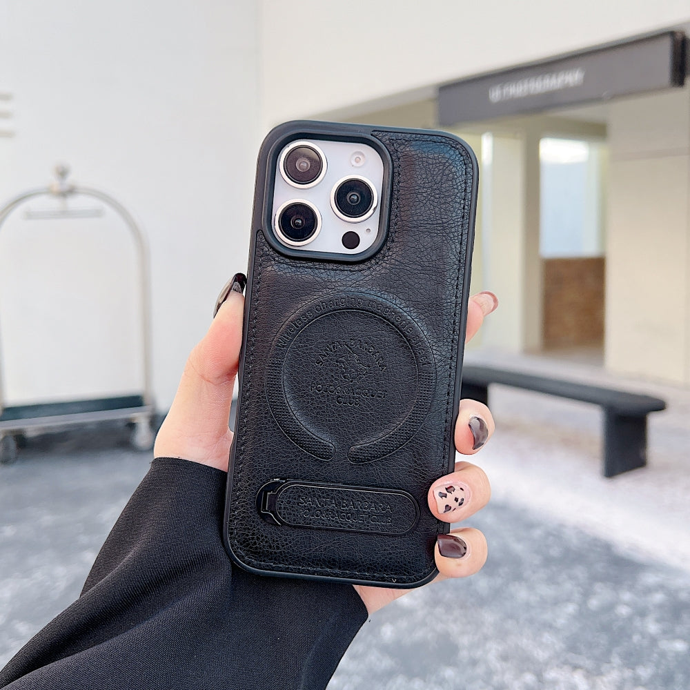 Wireless Charging PU Leather Rugged Kickstand Phone Case